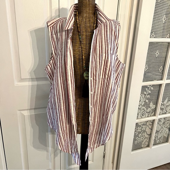 Sleeveless Tie Front ,Stripe Linen/Cotton Summer blouse , Sz XL - Picture 3 of 8